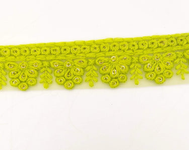 Green Net Lace Trim With Floral Embroidery And Gold Sequins, Sequinned Trim, Wedding Trim Bridal Trim